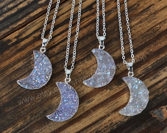 Rose Quartz Love Stone on Aura Quartz Druzy Crystal Slice w Golden Accents Charm Necklace