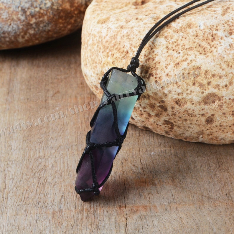 Rainbow Fluorite Hexagon Point Pendant Necklace,Natural Fluorite Wrap Necklace Women Men,Healing Crystal Anxiety Calming Protection Necklace 