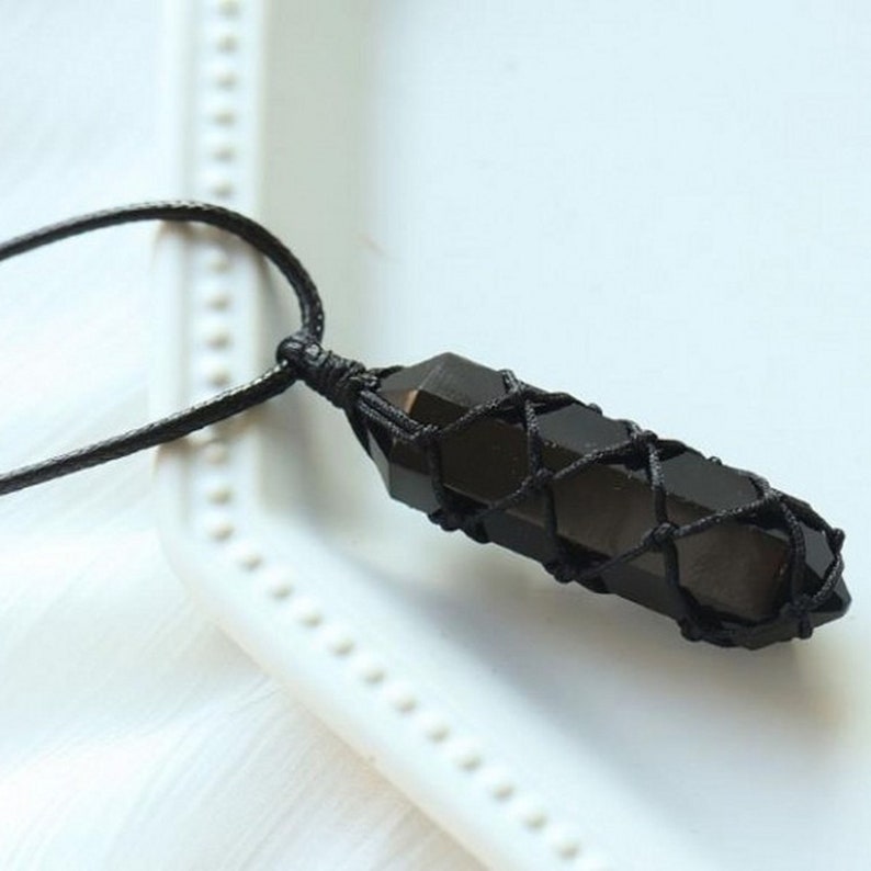 Black Obsidian Pendant Necklace, Obsidian Stone Hexagon Point Braided Wrapped Necklace Men Women, Healing Crystal Protection Necklace Gift 