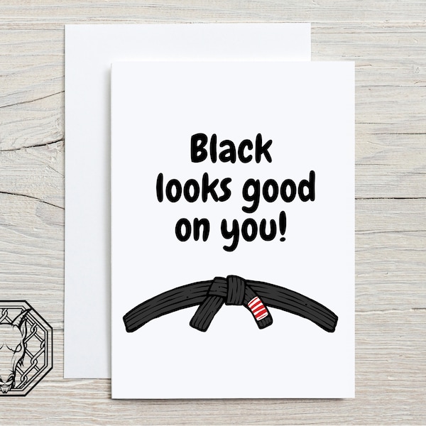 Le noir vous va bien - carte de voeux avec ceinture, félicitations pour le jiu-jitsu/arts martiaux, carte A6 satinée et enveloppe