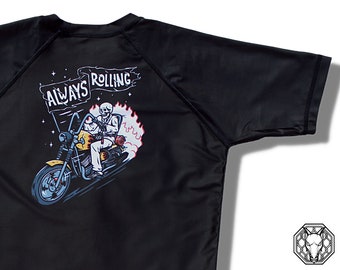 Jiu Jitsu Rash Guard Short Sleeve, Unisex, Keep Rolling Design.