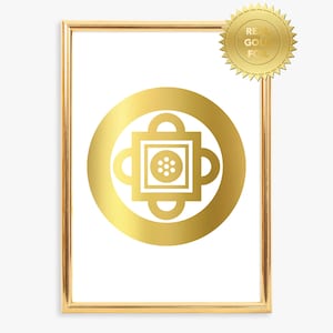 May include: Gold framed print with a gold geometric design in a circle. The design is a square with four rounded corners and a smaller square in the center with a circle inside.