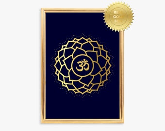 May include: Gold framed print with a navy blue background featuring a gold mandala with the symbol Om in the center.