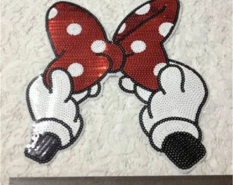 Large red bow sequin minnie mouse patch for jackets, white gloves mickey iron on patch. patches with sequin, iron on patches for vacations
