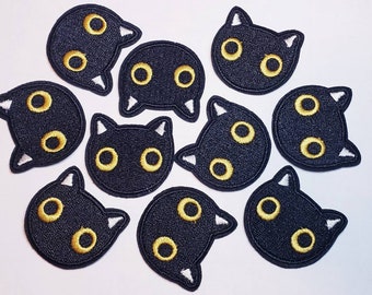 10pcs, Mini Cat Face PATCH, Iron on Patch Embroidery, Black Cat Head patch, patches for jackets, tiny black cat patch, cute black cat patch