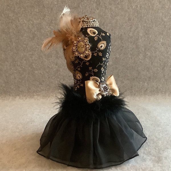 Mannequin pincushion Victorian look premium cotton fabric organza skirt black feather trim tan and ivory feathers brooch one of a kind cute