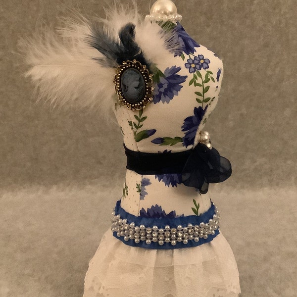 Mannequin pincushion premium blue floral fabric white lace skirt ribbon feathers rhinestones pearl trim brooch one-of-a-kind wonderful gift