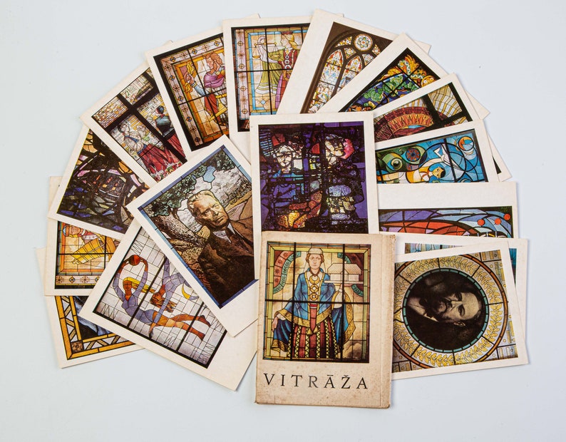 Soviet Postcards.USSR Set of 16 vintage Soviet postcard Latvian stained glass window 1970