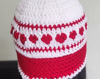 Crochet red and white heart beanie