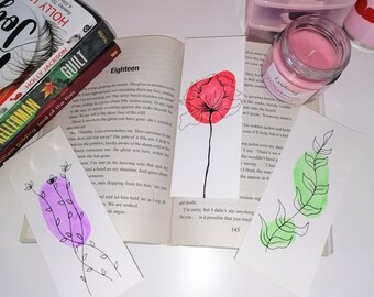 Hand Drawn Original Cute Bookmark Stationary, Simple Floral Minimalist Flower Bookmarks, Book Lover Gifts, Stationary Gift