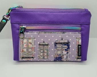 Purple Faux Leather Devon Pouch Zipper Pocket Wristlet with Waterproof Canvas Lining