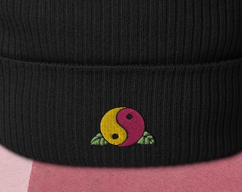 Yin Yang Embroidered Organic ribbed beanie