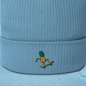 Skateboarding Pineapple Embroidered Organic ribbed beanie
