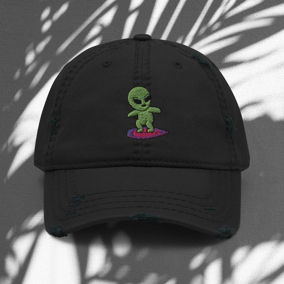 Alien Vintage Baseball Cap – Embroidered Cotton Adjustable Dad Hat, Distressed Black Style