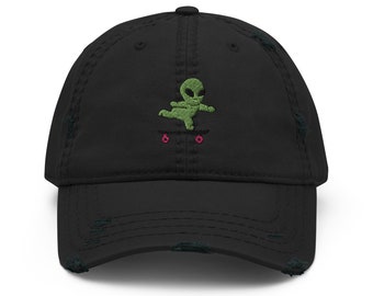 Embroidered Distressed Dad Hat with Alien Skateboarding