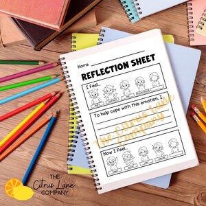 May include: A black and white printable reflection sheet with the title "Reflection Sheet" and a section for "I feel..." with six different emotions: angry, confused, sad, embarrassed, happy, and proud. The sheet also includes a section for "Now I feel..." with six different emotions: happy, proud, calm, relieved, excited, and relaxed. The sheet is designed to help children cope with their emotions.