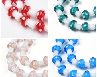 Tiny handmade lampwork mushroom toadstool shaped beads, various colours, drilled, approx 13mm x 10mm