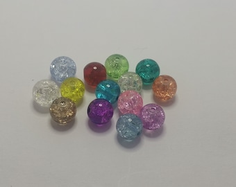 50 crackle glass beads, drilled, transparent, round, mixed colours, red, blue, green, yellow, clear, pink, approximately 8mm