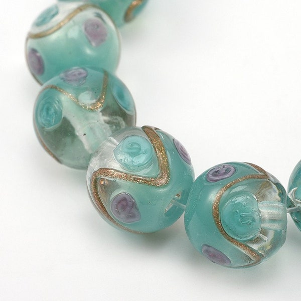 2 round handmade glass textured lampwork beads, turquoise & green, purple floral, gold sand swirl, drilled, approx 12mm, approx hole 2mm