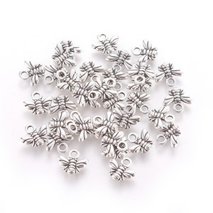 Tiny bee charms, Tibetan style metal alloy, antique silver tone, 10mm x 11mm x 2mm, hole approximately 2mm