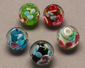 10 x handmade round inner flower mixed colour lampwork beads, 12mm, drilled, hole approximately 2mm