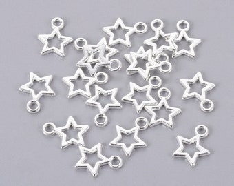 Tiny Tibetan style metal alloy star charms, silver tone, 10mm x 12mm x 2mm, hole approximately 2mm