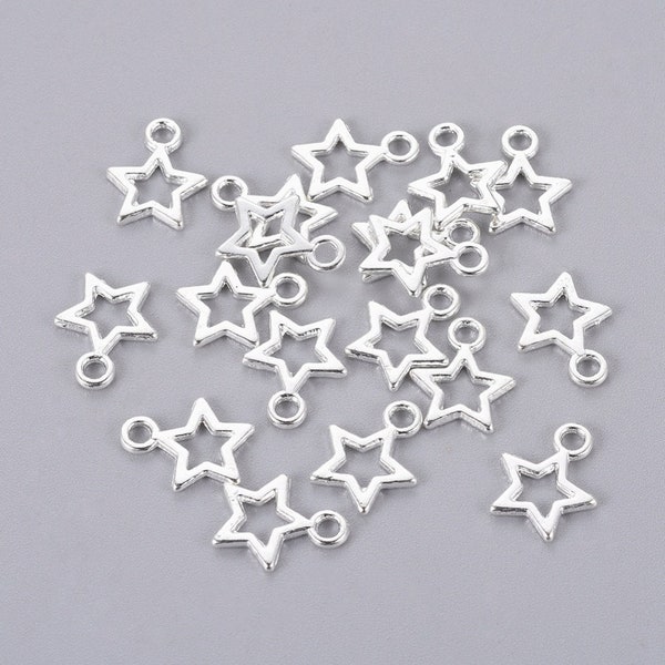 Tiny Tibetan style metal alloy star charms, silver tone, 10mm x 12mm x 2mm, hole approximately 2mm