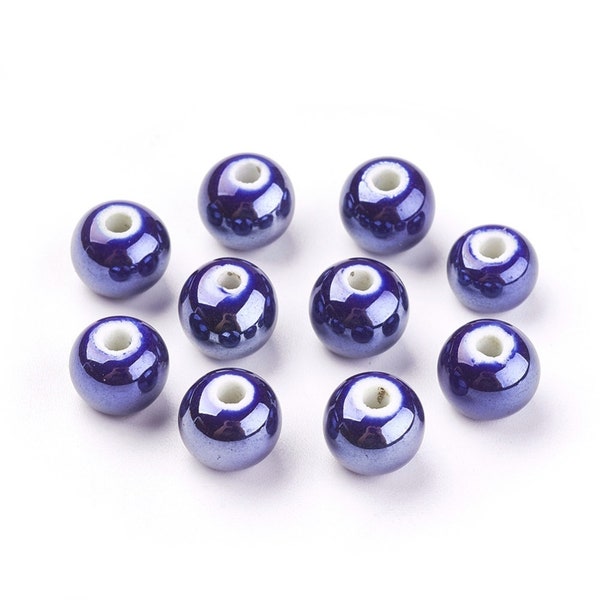 20 x blue, mauve, white handmade pearlised porcelain 10mm beads, round, drilled (hole approximately 2-3 mm)