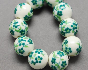 2 sizes, 10mm 12mm handmade flower floral printed porcelain ceramic beads, round, green & white, drilled (hole approximately 3mm)