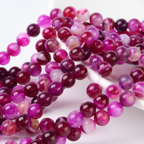 2 sizes 6mm 8mm pink striped agate beads, round, drilled, fuchsia, hole approximately 1mm