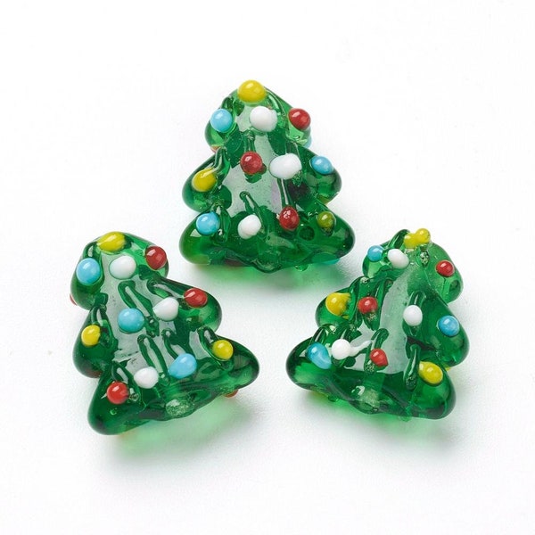 5 x  lampwork glass bumpy Christmas tree holiday season beads, approx 17 x 14.5 x 7.5mm long, drilled 2mm hole