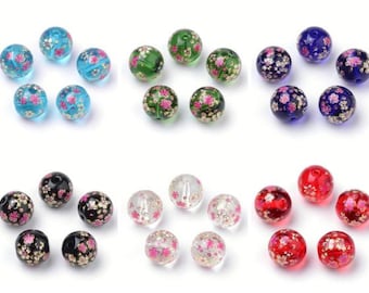 6 colours available, 5 glass beads with delicate pink, white & gold floral pattern, round, drilled, approximately 11mm, hole 1.5mm