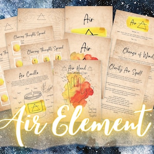 Puede incluir: Un conjunto de cartas de hechizos y rituales de brujería del elemento Aire imprimibles con ilustraciones de acuarela. Las cartas presentan un símbolo de triángulo amarillo, una vela, una mano y texto que incluye "Air Candle", "Air Hand", "Change of Winds" y "Clarity Air Spell".