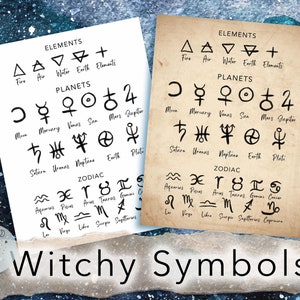Puede incluir: Dos impresiones con símbolos de brujería, incluyendo elementos, planetas y signos del zodiaco. Las impresiones muestran símbolos de fuego, aire, agua y tierra, junto con símbolos de la luna, Mercurio, Venus y más. El texto "Witchy Symbols" está en la parte inferior.