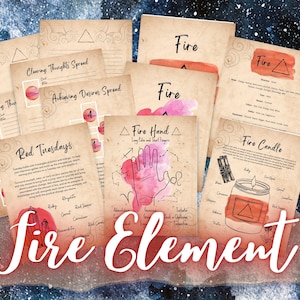 Może przedstawiać: Drukowany przewodnik po żywiole ognia z akwarelowymi ilustracjami i tekstem. Przewodnik zawiera rozkłady do oczyszczania myśli, realizacji pragnień i wykres dłoni ognia. Zawiera również świecę ognia z czerwoną świecą i symbolem trójkąta.