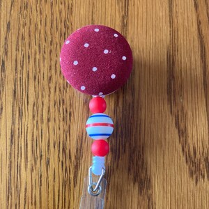 Red, White, and Blue Striped SIlicone Bead with Red Beads Interchangeable Badge Reel