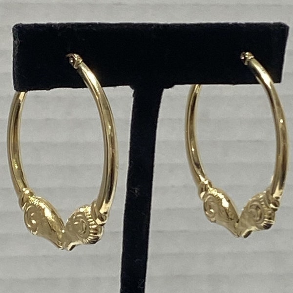 Stunning and Elegant Large 14K Yellow Gold Rams Head Hoop Earrings, 1-1/2" in diameter, 4.26g in weight, Marked 14K (hallmark), FREE SHIP