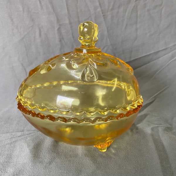 Early 20th Century Canary Yellow Lidded Glass Candy, Nut Dish, Footed Vintage, Design, Pattern, Unique, Antique
