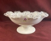 Vintage Hand Painted Fenton Silvercrest Milk Glass Ruffled Footed Bowl, Dish, Compote, Purple Flowers, 8 quot across, 4 quot high, White, clear Trim