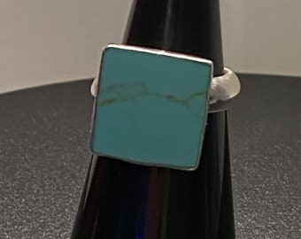 Stunning Estate Sterling Silver Square Turquoise Stone Ring, Stone 13mm, sz 5.5, Marked ATI .925 Mexico, Gorgeous Piece, SEE DESCRIPTION