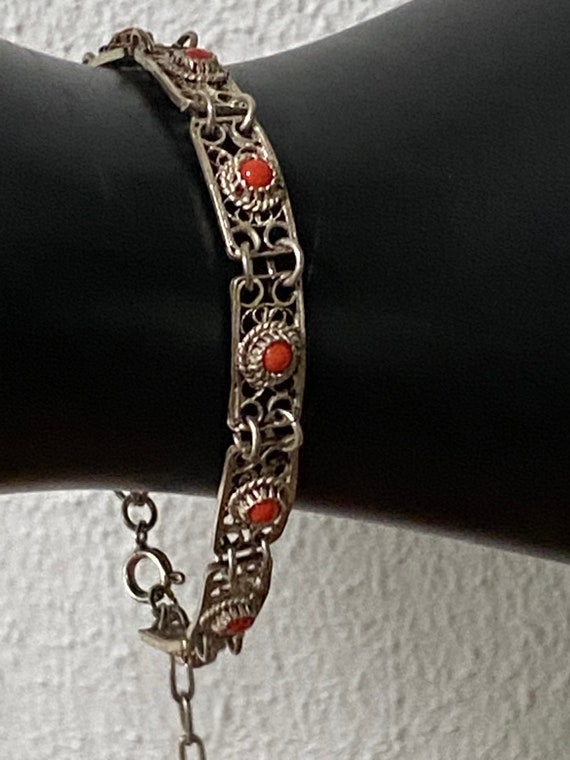 Vintage Art Deco Antique Silver and Coral Bracele… - image 2