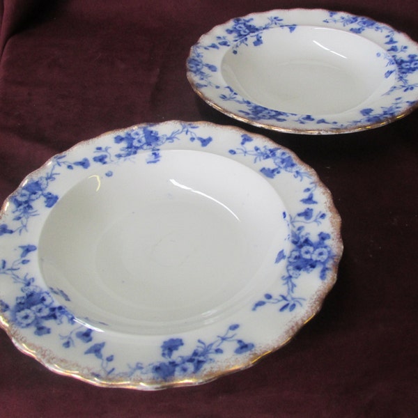 Vintage 2 Large Antique Flow Blue Bowls, Furnivals Carnation Pattern, Gold Trim, Marked on bottom, 10-1/4 inches