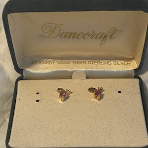 Vintage Danecraft 24K Gold over Sterling Silver Earrings with Dark Pink Stone and Small Diamond Stud Earrings, FREE SHIPPING