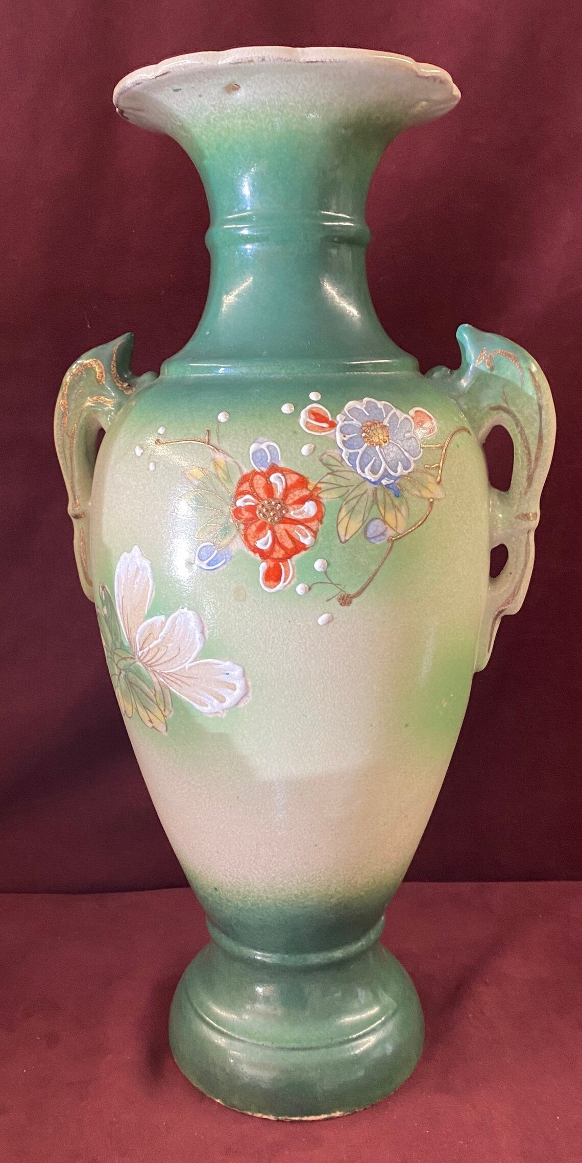 Vintage Large Double Handled Vase Dark Green Light Green Etsy