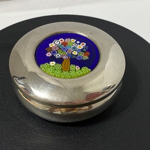 May include: A silver trinket box with a blue and green glass mosaic tree design on the lid.
