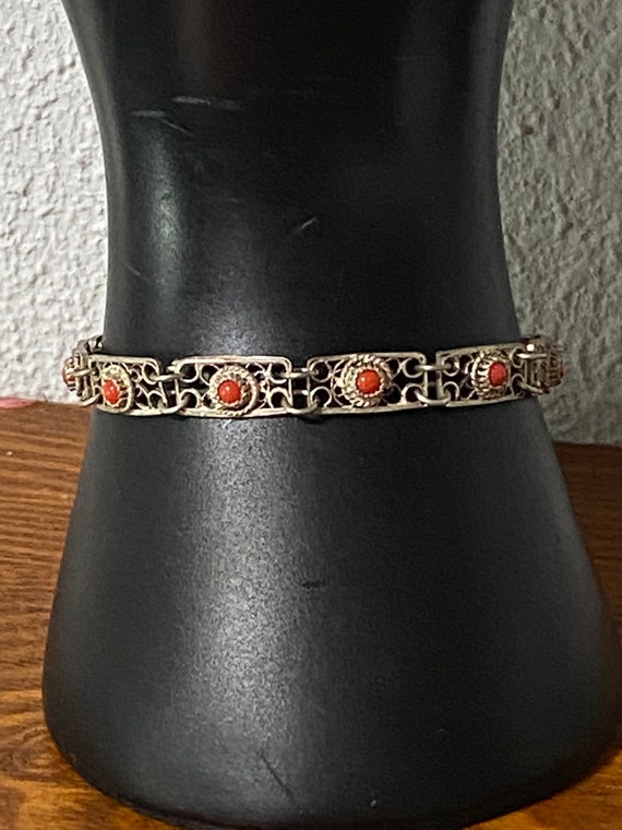 Vintage Art Deco Antique Silver and Coral Bracele… - image 3