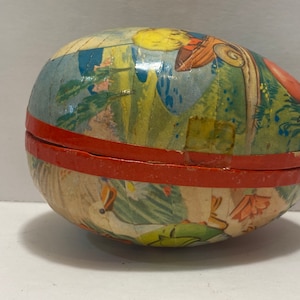 Vintage Paper Mache Easter Egg Container, Made in West Germany, 3-1/2&quot; by 2&quot; in diameter, Chicken on one side, baby chicks on other