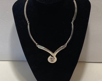 Vintage Mexican Sterling Silver Necklace with Simulated Diamond Pendant