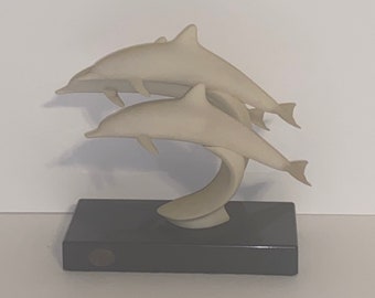 Vintage John Perry Sculpture or Figurine of Three White Leaping Dolphins with Black Base, 8" tall, Gorgeous, Great Condition