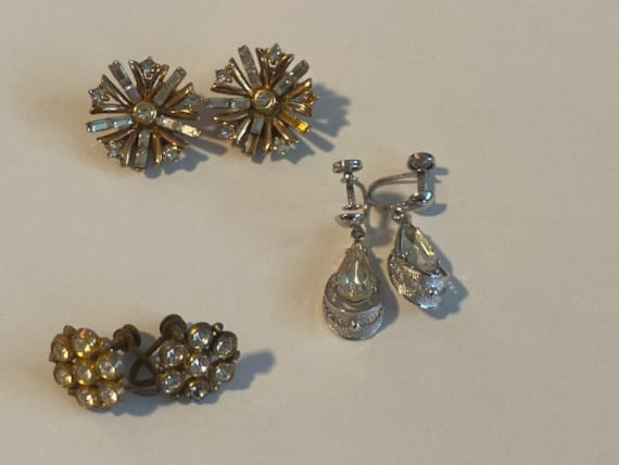 Antique Lot of 3 Pairs of Rhinestone Earrings, Cl… - image 1